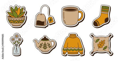 Cozy Hygge Sticker Set, Autumnal Vector Illustrations