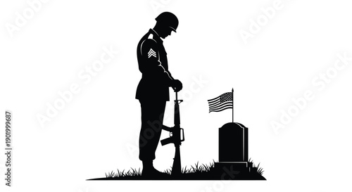 A solemn depiction of a soldier in mourning at a gravesite with an american flag on transparent background silhouette high quality