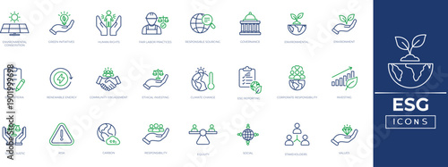 ESG line icon set. Featuring Net Zero, Circular Economy, Diversity, Carbon Footprint, and Corporate Governance. Editable line icon collection