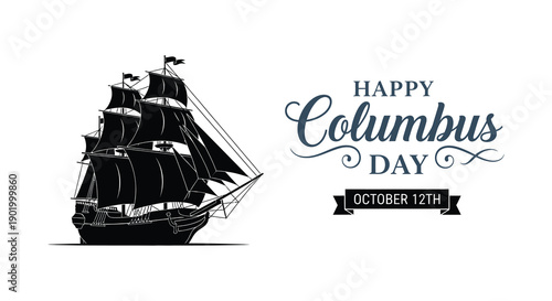 A detailed depiction of a historic sailing ship alongside festive text celebrating columbus day on transparent background silhouette high quality professional
