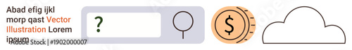Digital services, fintech, technology, data storage, search tools, economic concepts. Search bar with question mark, magnifying glass dollar coin and cloud icon. Digital services and fintech