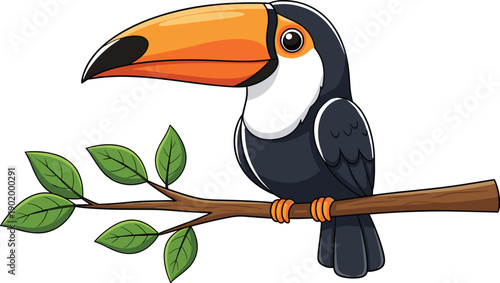 Colorful toucan perched on tropical tree branch – exotic bird illustration in flat vector cartoon style with vibrant beak and rainforest leaves