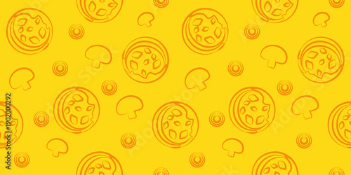 seamless pattern pizza topping illustrations on a yellow background. outline style design ideal for fast food themes, packaging, wallpaper, textiles, and creative graphic projects. 