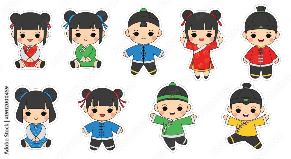 Obraz premium A vibrant collection of ten adorable cartoon Chinese children, five boys and five girls, dressed in colorful traditional outfits and depicted in various playful poses.