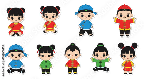 Cute cartoon Chinese children characters in traditional clothing, boys and girls, in various poses and colors, isolated on white background.