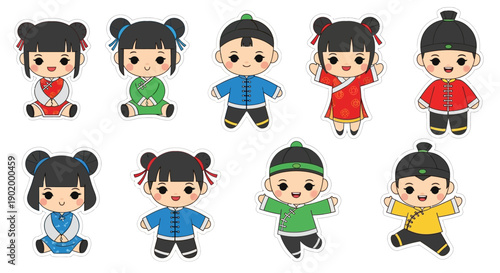 A vibrant collection of ten adorable cartoon Chinese children, five boys and five girls, dressed in colorful traditional outfits and depicted in various playful poses.