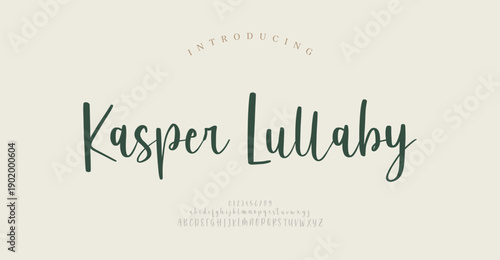 Kasper Lullaby, Script premium luxury elegant alphabet letters and numbers. Elegant wedding typography classic serif font decorative vintage retro. Creative vector illustration
