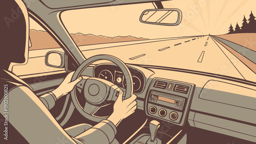 Retro illustration of a car interior showing the drivers view of an open highway road trip