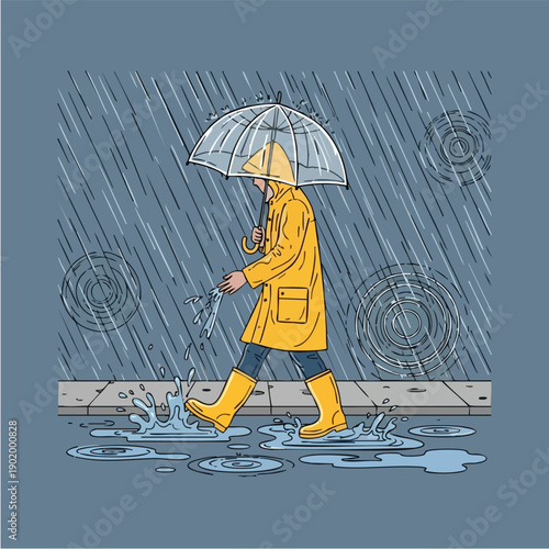 Person in yellow raincoat and boots walking with an umbrella in the rain.