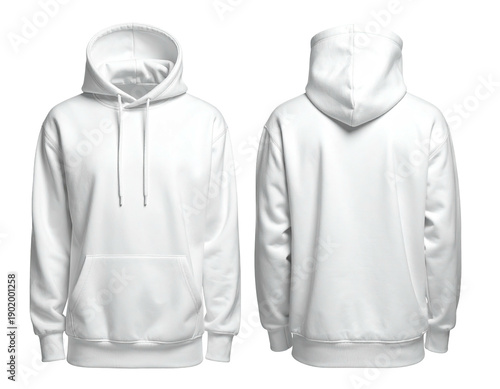 Front and back views of a plain white hooded sweatshirt with strings