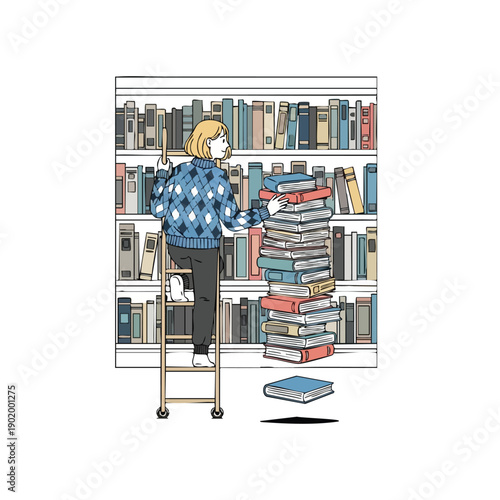 Person on a ladder organizing books in a library.