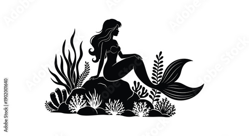 A striking black silhouette of a mermaid resting on rocks amidst seaweed ideal for designs on transparent background high quality professional
