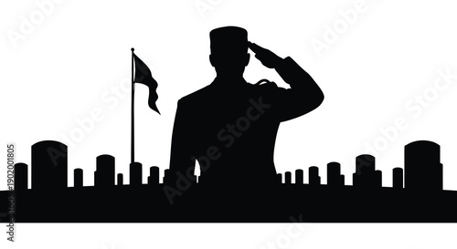 A black silhouette of a saluting soldier with a waving flag and graveyard on transparent background silhouette high quality professional detailed