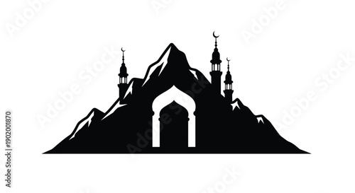 Mosque Silhouette with Minarets and Crescent Moon