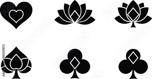 Minimal black playing card symbols with lotus inspired shapes on white background for logo, casino branding, icons, and modern graphic design