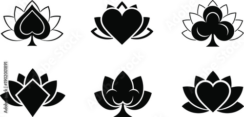 Minimal black playing card suit symbols combined with lotus flower shapes on white background for casino branding, logo design, icons, and modern graphics
