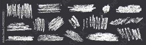 White crayon or charcoal shapes set. Doodle forms with grunge pastel pencil texture. Hand drawn chalk scribbles or rough elements. Sketchy brushes for banner design, graffiti, childish drawing.