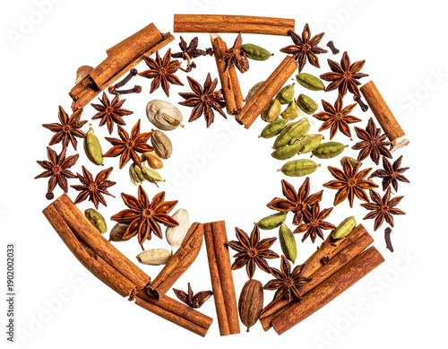 Overhead shot of spices arranged in a circular wreath