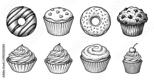 Vintage hand drawn engraving of sweet bakery treats including frosted cupcakes muffins and glazed donuts collection
