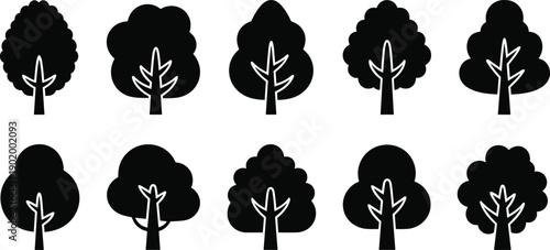 Minimal deciduous tree silhouette icons set isolated on white background featuring simple rounded canopy shapes for modern design use