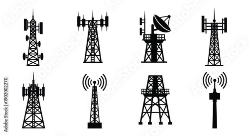 A collection of various communication tower silhouettes including satellite dishes and cell towers on transparent background high quality professional detailed modern