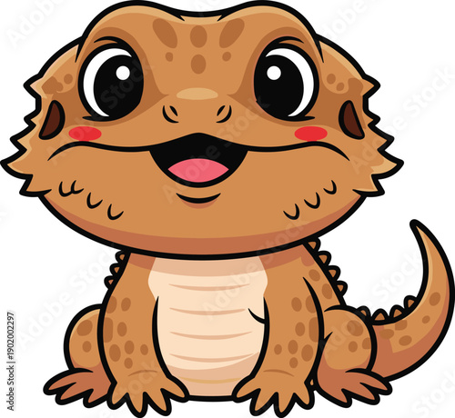 Cute bearded dragon cartoon illustration – cheerful pet reptile with big eyes, rosy cheeks, curled tail, and playful smile in whimsical vector style