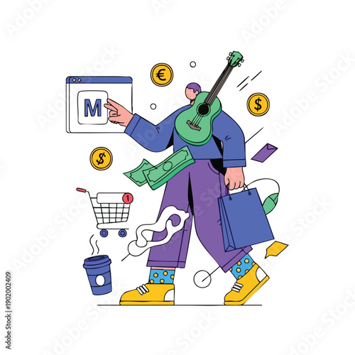 Person with guitar and shopping items representing modern consumerism and lifestyle.