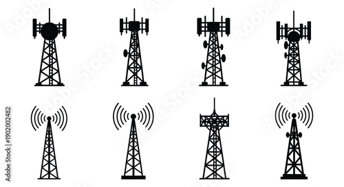 A collection of black communication towers and antennae in varying designs ideal for digital use on transparent background silhouette high quality