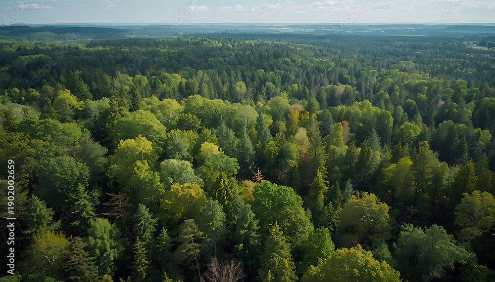Fototapeta premium Aerial View of a Vast and Dense Green Forest Canopy Under a Clear Summer Sky