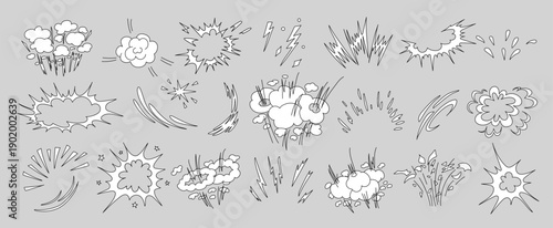 Superhero doodle effect, hand-drawn, with dynamic speed lines, a collection of animated cartoon motion elements and an explosive comic burst effect vector illustration.