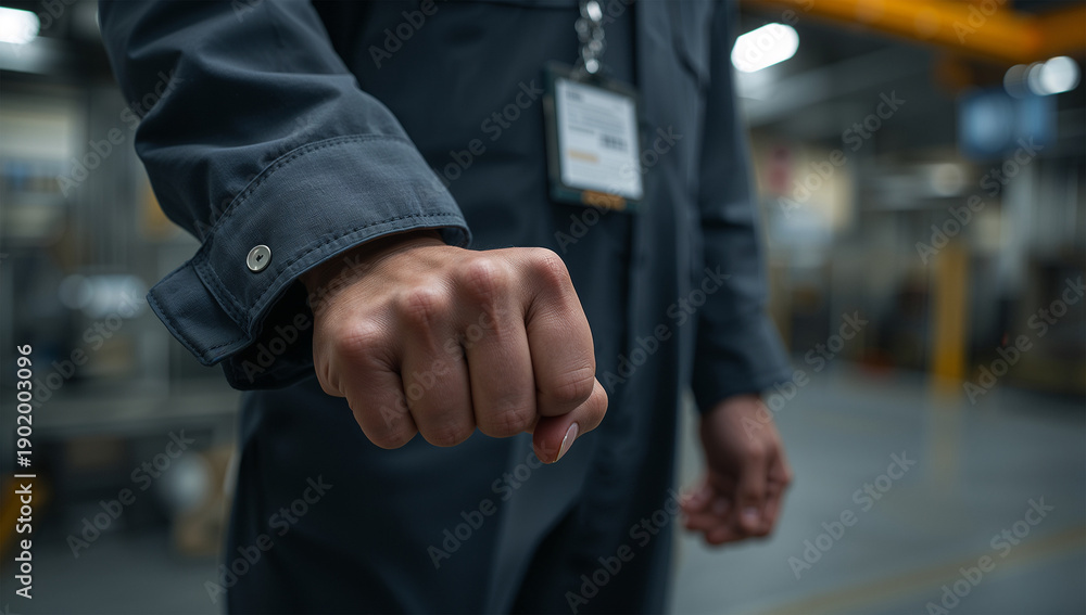 Fototapeta premium 工場の作業台で日本人管理者がこぶしで指示を出す