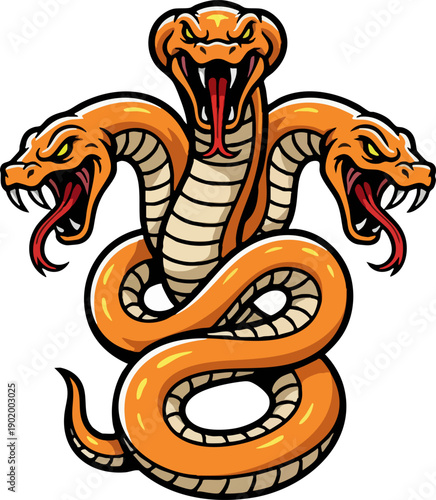 Aggressive Three-Headed Cobra Snake Mascot Logo Illustration