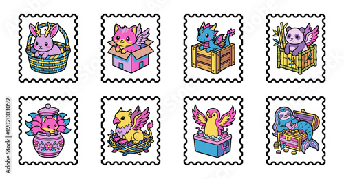 Kawaii Pastel Mythical Creature Postage Stamp Collection for Scrapbooking and Whimsical Stationery Design