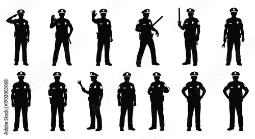A collection of police officer silhouettes in various poses ideal for design projects on transparent background high quality professional detailed modern