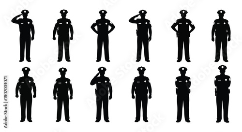 A collection of nine black silhouettes depicting uniformed soldiers in various poses on transparent background high quality professional detailed modern elegant