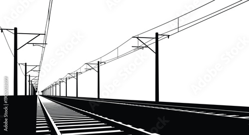 A stark black and white image depicts railway tracks converging into the distance on transparent background silhouette high quality professional detailed modern elegant