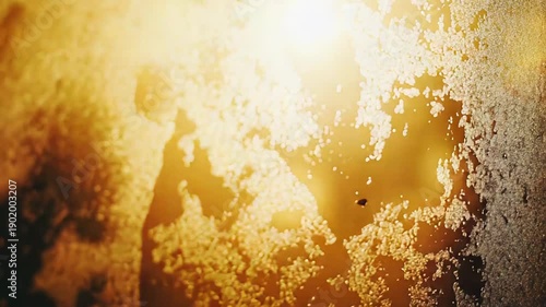 Golden sunlight shines through a window pane covered with intricate patterns of ice crystals and water droplets, creating a warm, textured, and abstract background