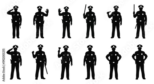 A collection of twelve police officers in various poses depicted as a black silhouette on transparent background high quality professional detailed