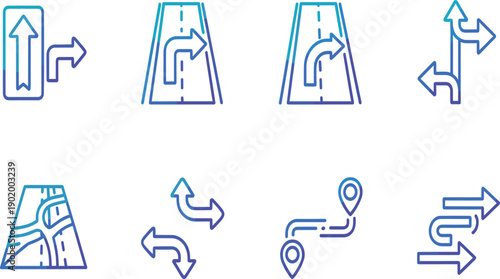 Navigation and Route Direction Icon Vector Set with Road Arrows Turn Guidance Map Paths GPS Wayfinding and Travel Symbols