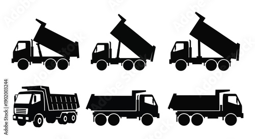 A set of three black dump trucks in varying positions and a single truck on transparent background silhouette high quality professional