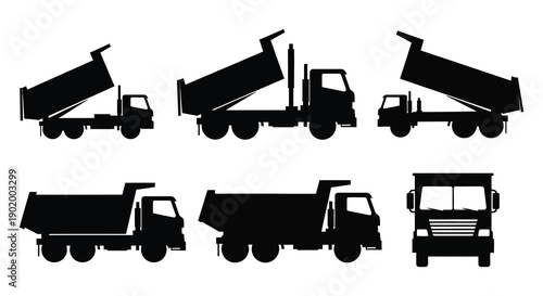 A collection of black dump trucks in various perspectives and positions on transparent background silhouette high quality professional detailed modern elegant