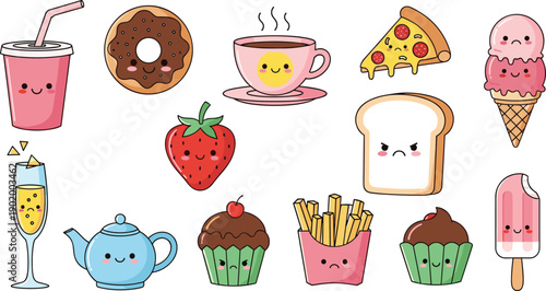 Cute cartoon food and drink illustration – playful anthropomorphic snacks including pizza, donut, ice cream, cupcake, tea, and more in whimsical vector style