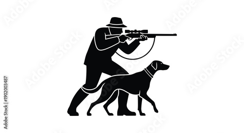 A hunter aims a rifle with his dog depicted in a stark black silhouette on transparent background high quality professional detailed