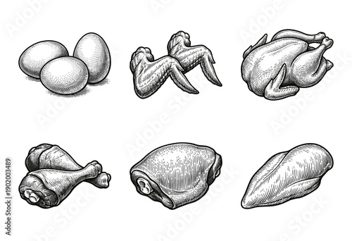 Set of chicken poultry products including whole bird, eggs, wings, drumsticks, thigh, and breast in vintage woodcut engraving style.