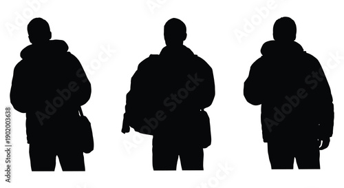 A striking image depicting three individuals in winter clothing presented as a dark silhouette on transparent background high quality professional detailed