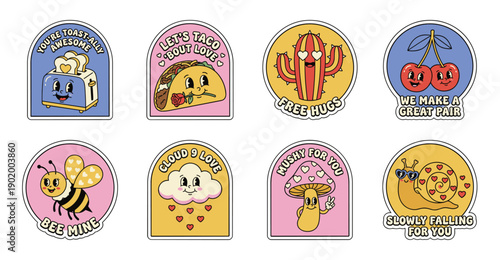 Retro Valentine Stickers with Punny Quotes Vector Set
