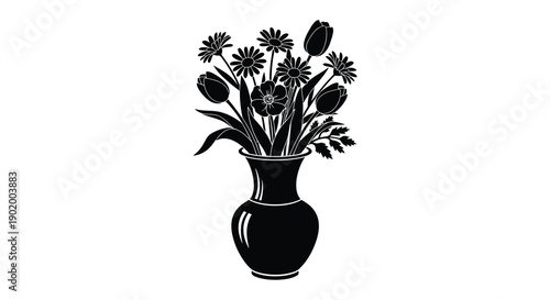 A striking black floral arrangement in a vase presented as a silhouette on transparent background high quality professional detailed modern elegant