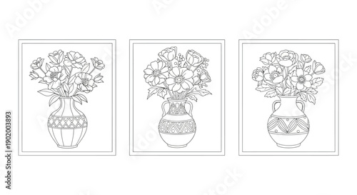 Three framed floral arrangements with detailed line art ideal for decor and design projects on transparent background silhouette high quality professional