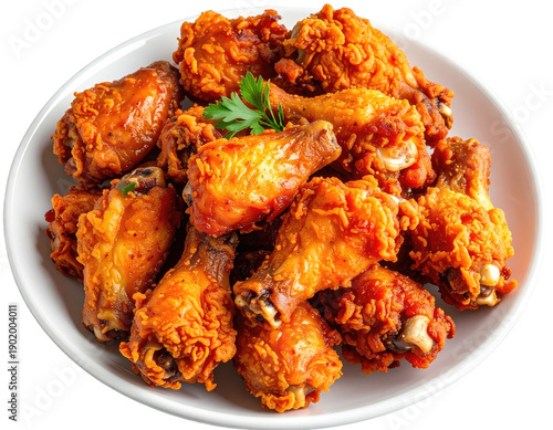 A white plate overflowing with crispy, golden, fried poultry pieces