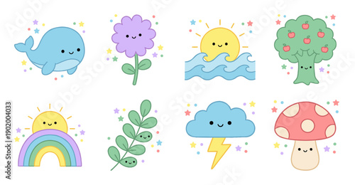 Cute Kawaii Nature Sticker Set with Happy Characters